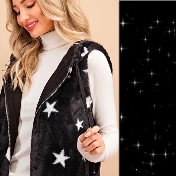 BLACK FAUX FUR STAR PRINT ZIP UP HOODED VEST - Picture 3 of 12